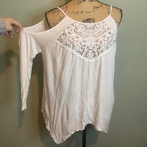 Womens Vacation Boho Cottage Bohemian Peasant Cold Shoulder Blouse White Large